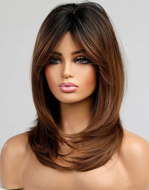 Hilda- Smart-Fit Pull Go Glueless Ombre Chestnut Brown Mid Length Wig Curtain Bangs Layered Cut Straight 13x5 Pre Cut Lace Front Wigs With Black Roots