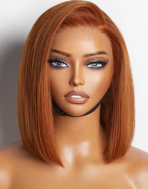 Ginger Color Short Bob Straight Blunt Cut Glueless 13x5 Frontal Wig Pre Cut Lace