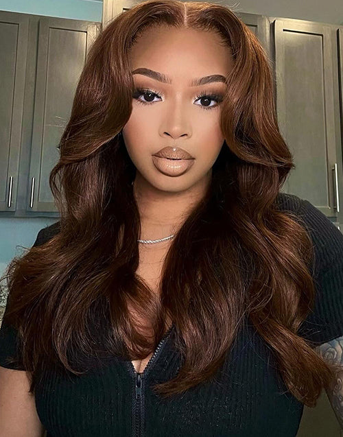 24" Chestnut Brown Loose Wave 13x5 Pre Cut Lace Wigs With Curtain Bangs Flash Deal
