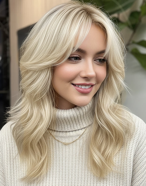 Mayra- Wispy Bangs Highlight Ombre Blonde Light Root Wavy Glueless Wig