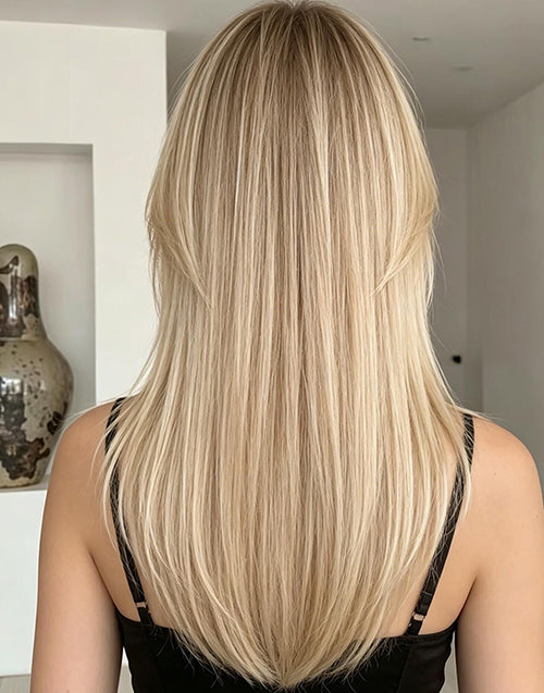 Doyle- Highlight Brown Golden Ombre Straight Layered Cut Wig With Airy Bangs True-Hold Gluless Wig