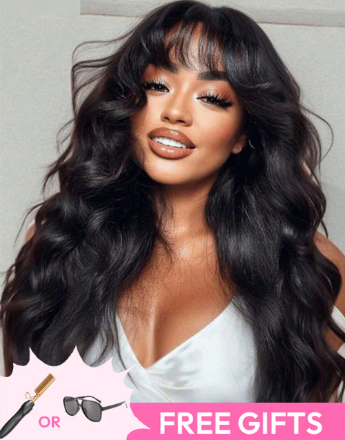 18" Pull Go Wig Body Wave 13x5 Pre Everything Glueless Wig With Bangs Elastic Drawstring Flash Deal