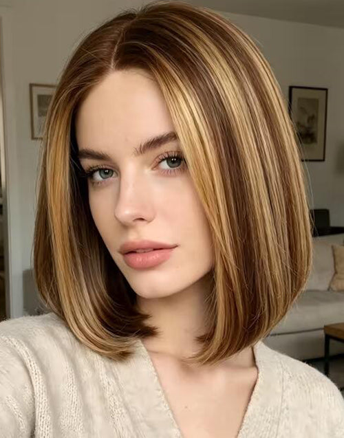 Meely- Piano Honey With Brown Highlight Straight Bob Wigs True-Hold Glueless Wig