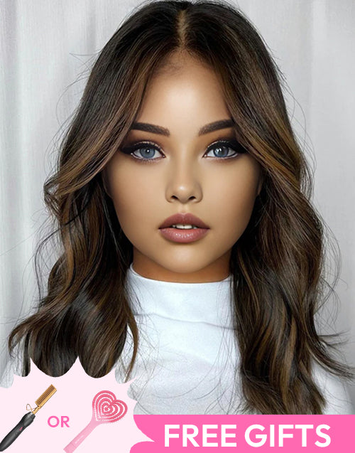 16" Highlight Chocolate Brown Wavy 13x4/5x5 Lace Glueless Wig Flash Deal