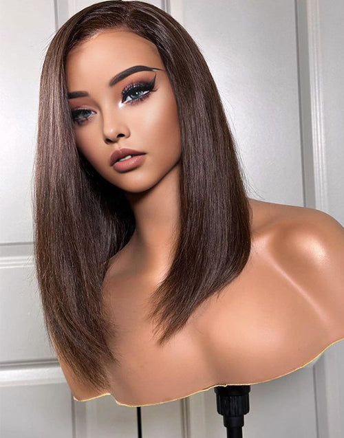 Naomi- Chocolate Brown Side Part Straight 13x4 Frontal Lace Glueless Wig Human Hair