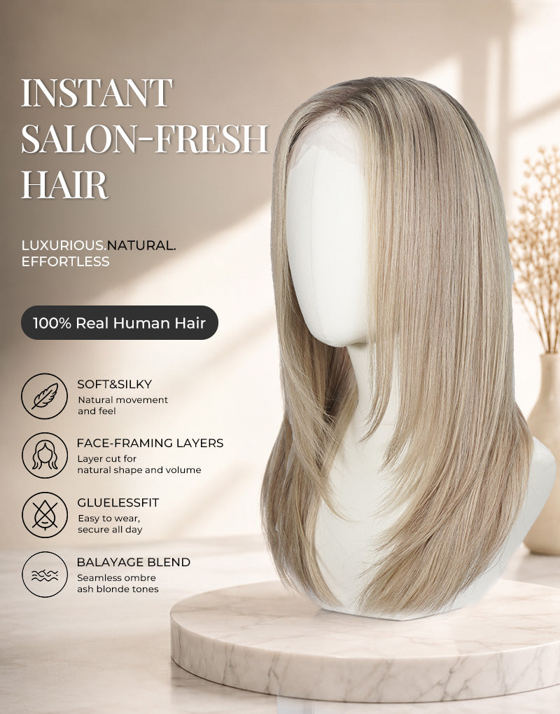 Samina- Ombre Ash Blonde Balayage Layered Straight Wig True-Hold Glueless Wig