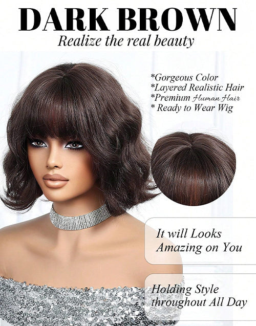 Leola- Dark Brown Short Wavy Wig With Bangs Natural Looking Shoulder Length Wig For Women Daily Wear Hairstyle