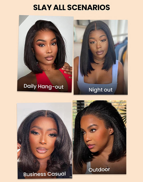 6x5 Glueless Pull Go Kinky Straight Bob Pre Cut Lace Wig All Head Size Friendly