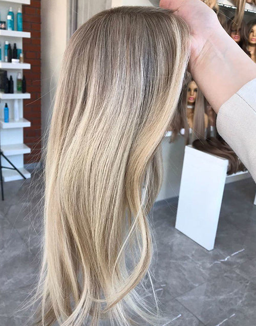 8"x8" Silk Top Human Hair Topper Ombre Ash Blonde With Dark Roots Full Coverage for Women Regain Your Confidence Instantly