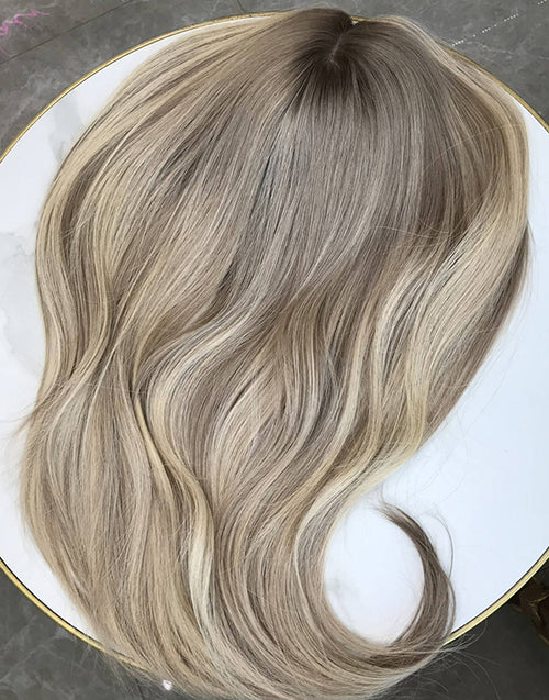 8"x8" Silk Top Human Hair Topper Ombre Ash Blonde With Dark Roots Full Coverage for Women Regain Your Confidence Instantly
