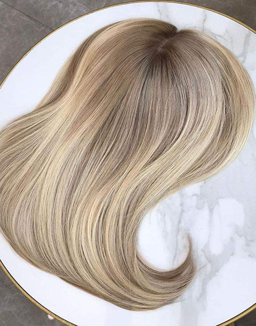 8"x8" Silk Top Human Hair Topper Ombre Ash Blonde With Dark Roots Full Coverage for Women Regain Your Confidence Instantly