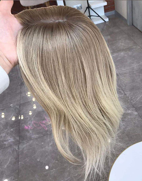 8"x8" Silk Top Human Hair Topper Ombre Ash Blonde With Dark Roots Full Coverage for Women Regain Your Confidence Instantly