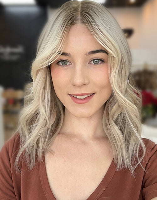 Kayra- Full & Bouncy Highlight Ombre Ash Blonde Wig With Dark Roots Short Wavy Bob Lace Front Wig