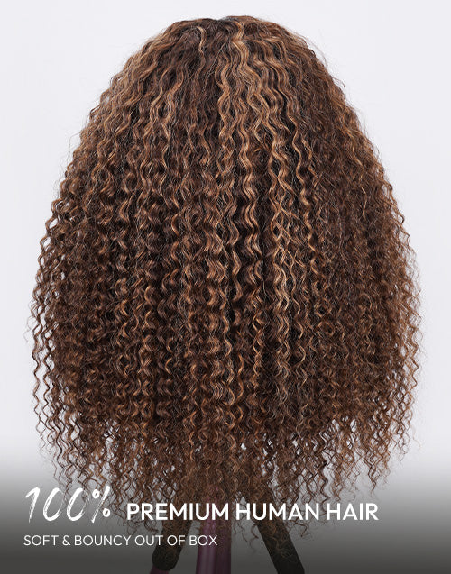 Glueless Pull Go Piano Honey Brown Highlight Curly Pre Everything Wig C/Middle Part 13x5 Frontal  Human Hair