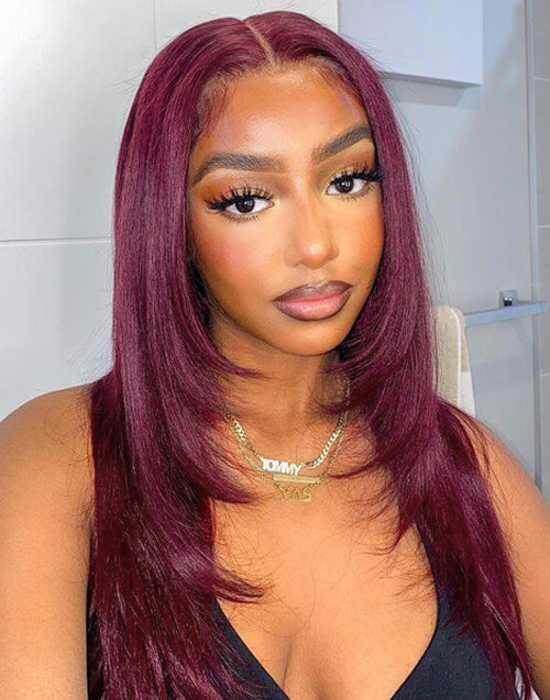 [Ready To Ship Only For US] Burgundy Color Glueless Straight Layered Human Hair Wigs Pre Cut Lace