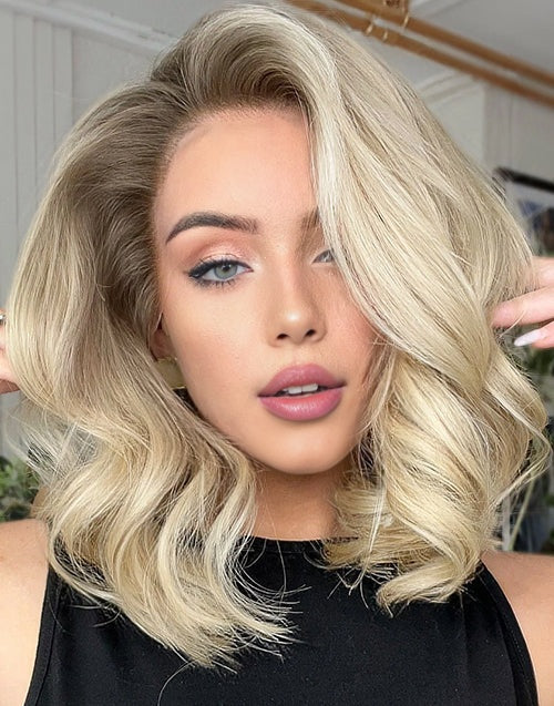 Evelya-Gray Brown Blonde Highlights Wavy Bob Wigs 100% Real 13x6 HD Lace Human Hair Wig For Caucasian