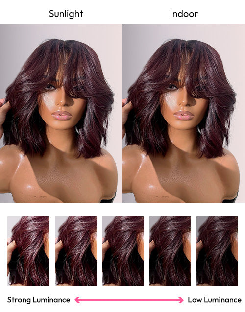 Color comparison chart for Jessie's Wig 99J burgundy wavy short blunt cut bob: showing the hair under sunlight vs indoor lighting. Includes 5 swatches demonstrating strong to low luminance for accurate color representation. This helps with buyer decision.