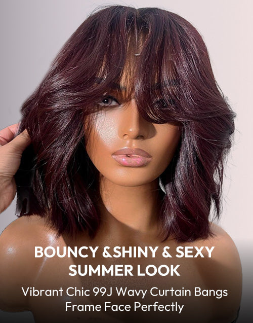 Close up front view of a model wearing 99J burgundy red wavy short blunt cut bob wig with face-framing curtain bangs.