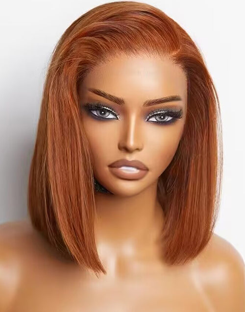 Ginger Color Short Bob Straight Blunt Cut Glueless 13x5 Frontal Wig Pre Cut Lace
