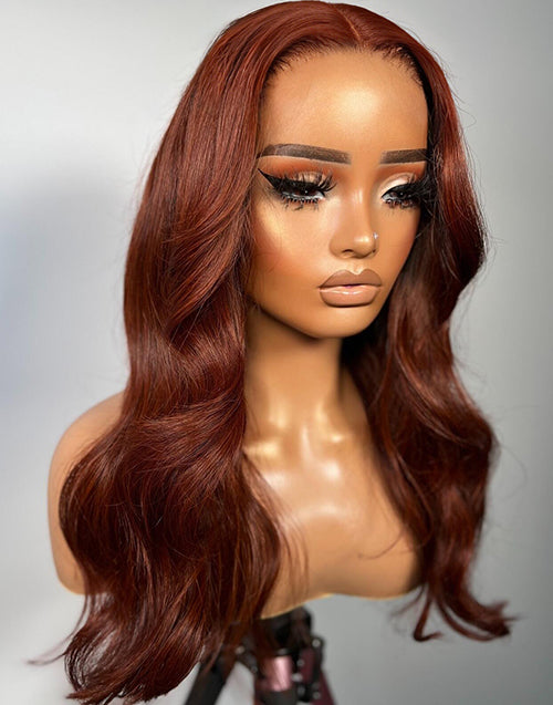 Pam- Auburn Copper Brown Color Wavy Wig Glueless Pre Cut 13x5 Lace Human Hair
