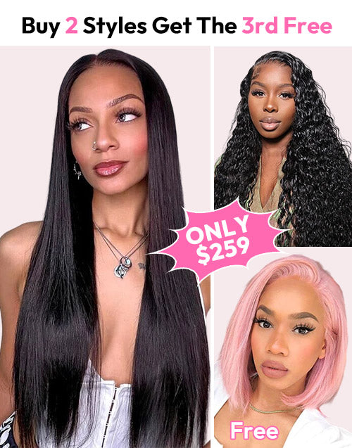 3 WIGS=$259|26" Water Wave 4x4 Wig+14" Straight 13x4 Wig+10" Pink Bob Straight 13x4 Wig Flash Deal