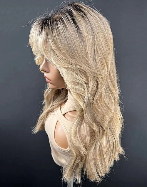 Cety-Custom Made Lovely Curtain Bang Highlights Warmth Blonde Dark Roots Natural Wave 13x6 Lace Front Glueless Wig Human Hair