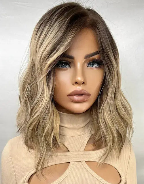 Casey-Ombre Blonde With Brown Root Short Wavy Bob Wig Raw Human Hair 13x4 Lace Top Jewish Wigs For Women