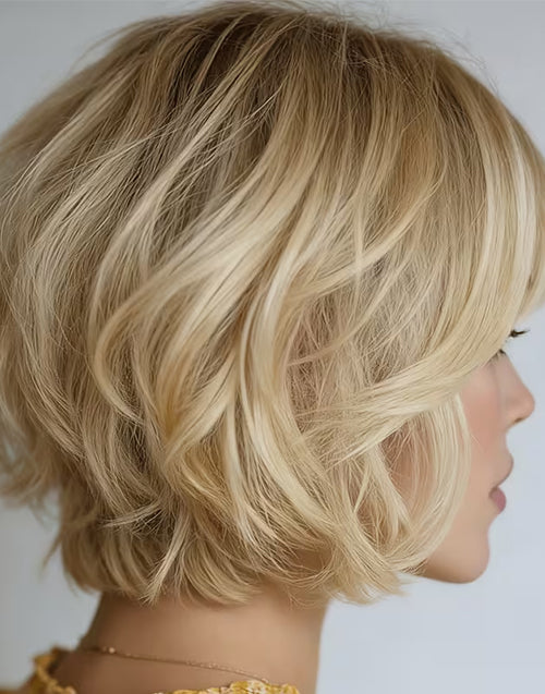 Daycee- Minimalist Lace Ombre Blonde Wavy Bob Wig With Bangs For Women Suit For All Occassions