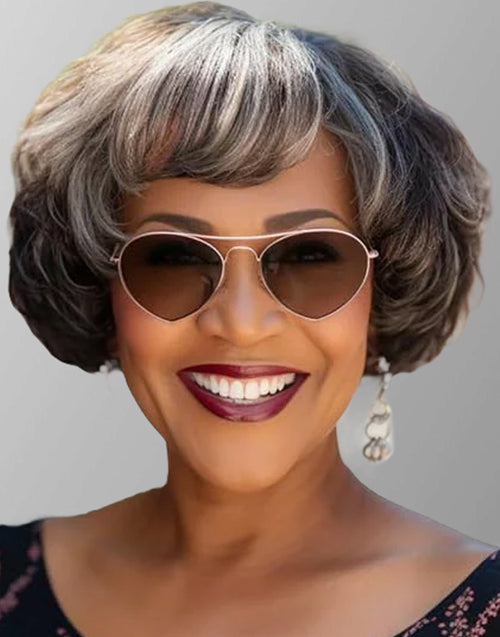 Kama- Black And White Mix Color Short Wavy Glueless Human Wigs With Bangs