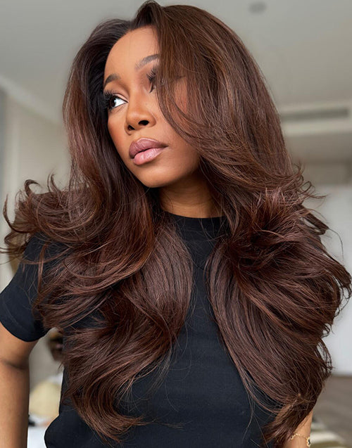Isha- Brunette Brown Color Layer Cut Wavy Wig With Curtain Bangs Pre Cut Lace Human Hair Glueless Wig