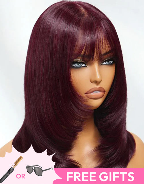 12" Burgundy Color Layer Cut Straight Bob 5x5 Lace Wigs With Bangs Flash Deal