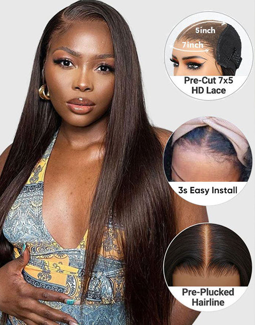 Thera- Pre-cut 7x5 Lace Wig Dark Brown Straight Hair Wear & Go Glueless 13x5 Lace Front Human Hair Wigs