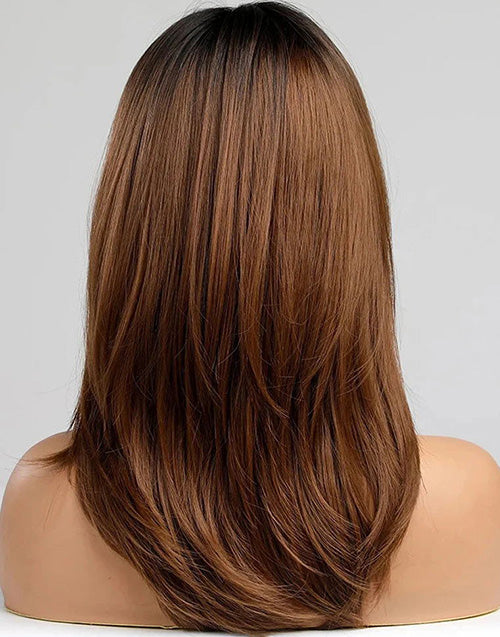 Hilda- Smart-Fit Pull Go Glueless Ombre Chestnut Brown Mid Length Wig Curtain Bangs Layered Cut Straight 13x5 Pre Cut Lace Front Wigs With Black Roots