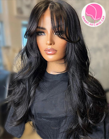 24" Smart-Fit Pull Go Glueless Wavy Layered Wig With Curtain Bangs Pre Cut 7x5 Lace Flash Deal