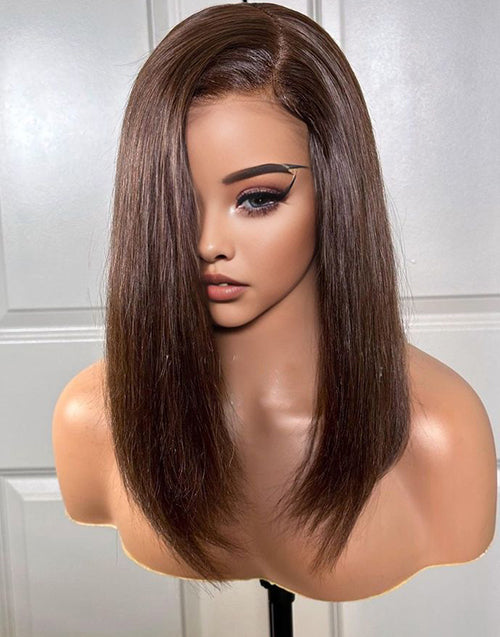Naomi- Chocolate Brown Side Part Straight 13x4 Frontal Lace Glueless Wig Human Hair