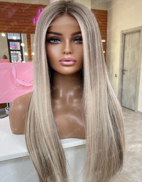 Aria- True-Hold Glueless Highlight Ash Blonde With Grey Roots Ombre Colored Straight 13x4 Lace Frontal Wig