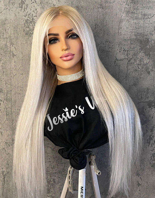 [Ready To Ship]Sita-Ombre Platinum Blonde Color With Blended Root Straight Wig Glueless Lace Front Wig