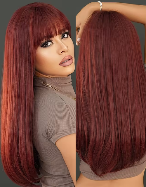 Alisa-7X5 Reddish Brown Double Drawn Bone Staright Human Hair Wigs With Bangs