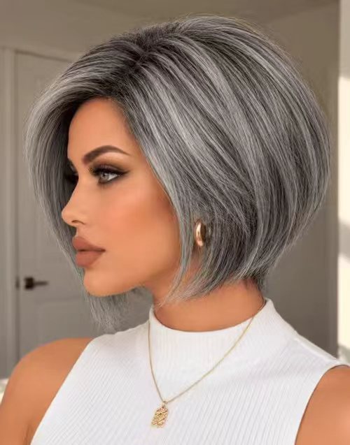 Angela-5x5 Salt & Pepper Highlighted Silver Asymmetrical Layered Bob Lace Wig Natural Parting Glueless & Ready-to-Wear Human Hair Wigs