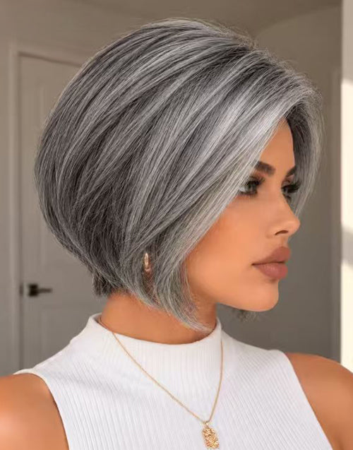 Angela-5x5 Salt & Pepper Highlighted Silver Asymmetrical Layered Bob Lace Wig Natural Parting Glueless & Ready-to-Wear Human Hair Wigs