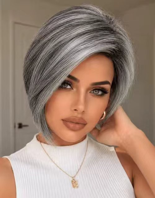 Angela-5x5 Salt & Pepper Highlighted Silver Asymmetrical Layered Bob Lace Wig Natural Parting Glueless & Ready-to-Wear Human Hair Wigs