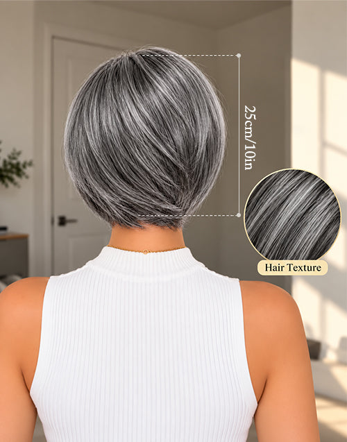 Angela-5x5 Salt & Pepper Highlighted Silver Asymmetrical Layered Bob Lace Wig Natural Parting Glueless & Ready-to-Wear Human Hair Wigs