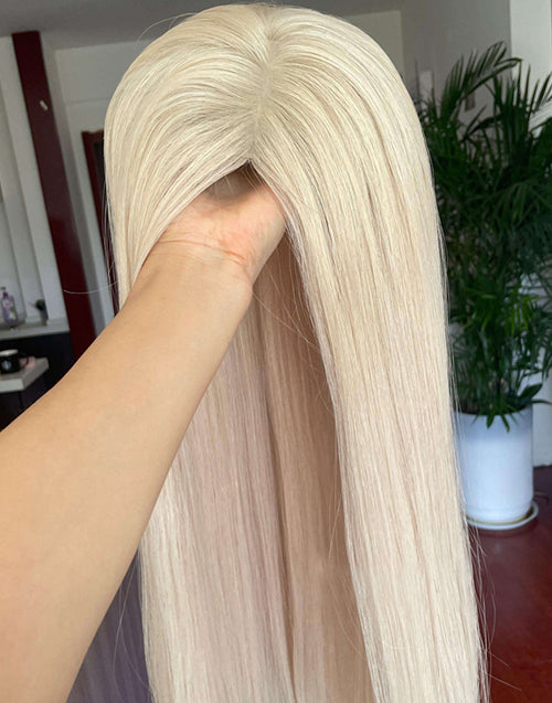 Ash Blonde Remy Human Hair Topper for Women Full Coverage 8"x8" Silk Top Base 14-20 Inch