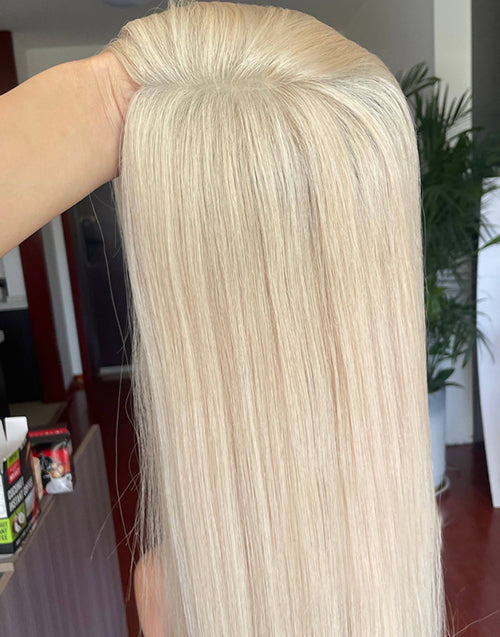 Ash Blonde Remy Human Hair Topper for Women Full Coverage 8"x8" Silk Top Base 14-20 Inch