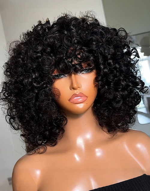 Bouncy Curly Minimalist Lace Wig 100% Human Hair Wig With Bangs Beginner Friendly