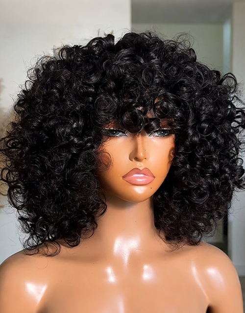 Bouncy Curly Minimalist Lace Wig 100% Human Hair Wig With Bangs Beginner Friendly