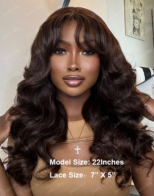 Eartha- NEW Glueless Curtain Bangs Wig Pre Everything 13X5 7X5 Chocolate Brown #4 Glueless Wavy Wig