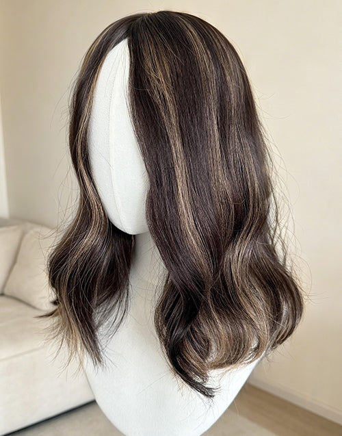Caramel Highlights Brown Hair Toppers, 8"x8" Silk Top Base, European Virgin Human Hair Topper, 16-20 Inch, Full Coverage for Women