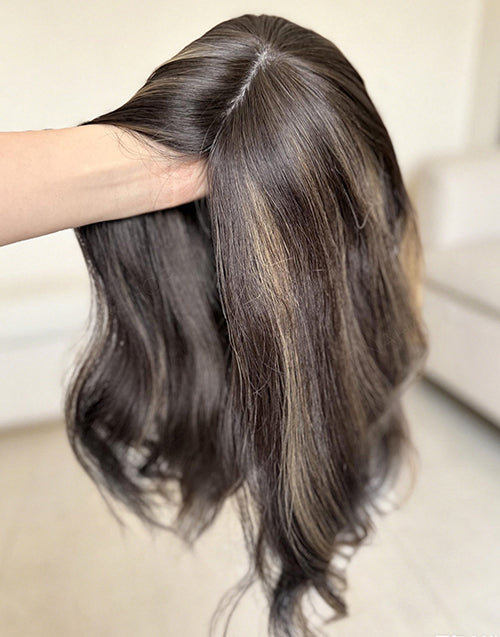 Caramel Highlights Brown Hair Toppers, 8"x8" Silk Top Base, European Virgin Human Hair Topper, 16-20 Inch, Full Coverage for Women