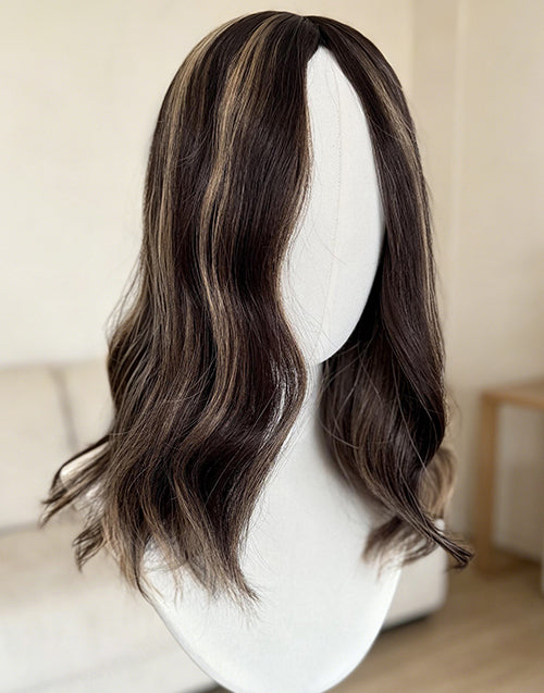 Caramel Highlights Brown Hair Toppers, 8"x8" Silk Top Base, European Virgin Human Hair Topper, 16-20 Inch, Full Coverage for Women